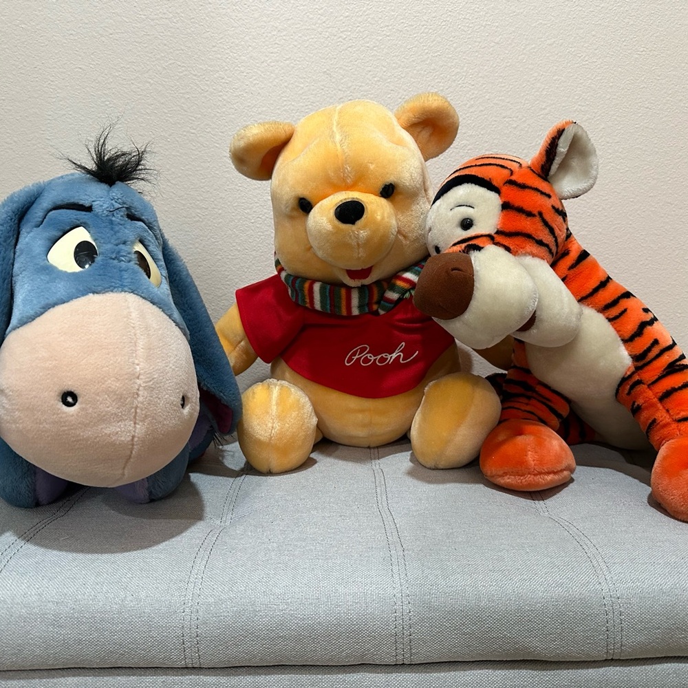 Disney Plush Trio - Blue Eeyore, Yellow Pooh, Orange Tigger approx 18in
